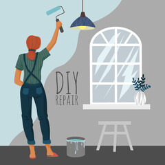 DIY repair. Woman painting a wall with a paint roller in room. Cute vector illustration.