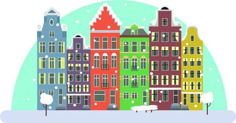 An illustration representing winter season in Netherlands. Old traditional european buildings. Christmas season.