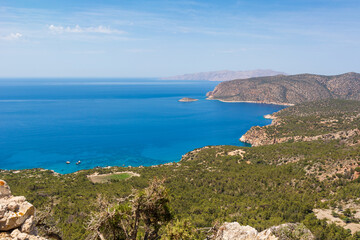 View of sea coast from Monolithos castle. The west side of Rhodes island.Greece.
