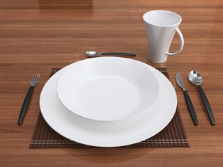 Empty red plate with fork , knife and mug. Plates set on wooden table, Concept image for meal time, breakfast and lunch, 3D illustration