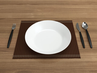 Empty plate with fork and knife . Plates set on wooden table, Concept image for meal time, breakfast and lunch, 3D illustration