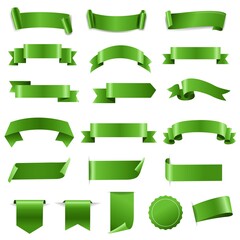 Green Ribbon Set And Labels White background With Gradient Mesh, Vector Illustration