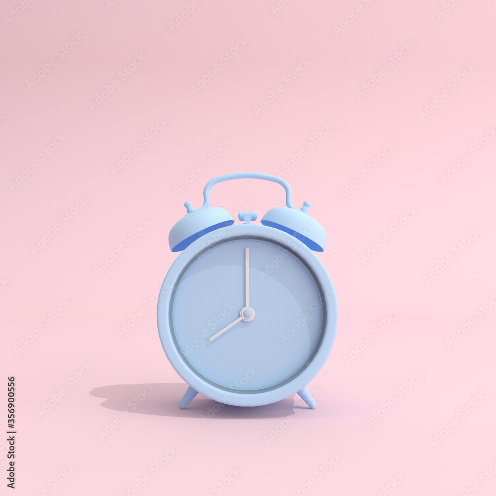 Poster mock up of blue alarm clock on pink background. 3d rendering.