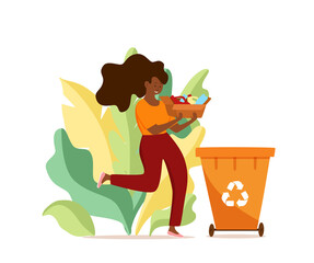 Young afro American woman throwing plastic garbage into containers vector illustration.