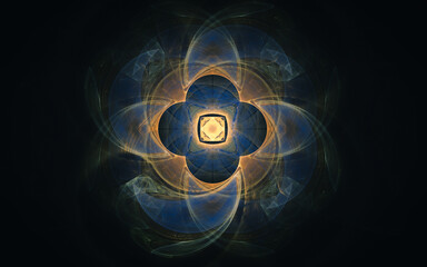 fantastic abstract symmetrical flower with petals consisting of a variety of geometric shapes of different colors on a black background