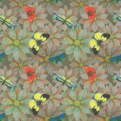 Fotobehang Seamless pattern with butterflies and flowers. © Sergei