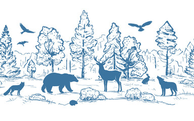 Sketch vector horizontal seamless border from trees and animals. Blue animals silhouettes and forest isolated on white background. Deer, hare, fox, hedgehog, wolf, bear and birds
