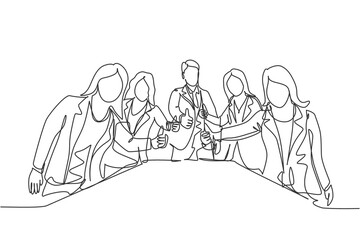 Single line drawing group of young happy businessmen and businesswoman standing up together and giving thumbs up gesture. Business meeting concept. Continuous line draw design vector illustration