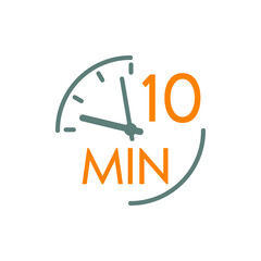 Icono plano lineal reloj con texto 10 min en gris y naranja