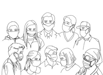 People all over the world live a new normal lifestyle. Wearing a mask to prevent infection from an epidemic coronavirus covid-19. Vector line art design of  protection concept 