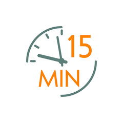 Icono plano lineal reloj con texto 15 min en gris y naranja