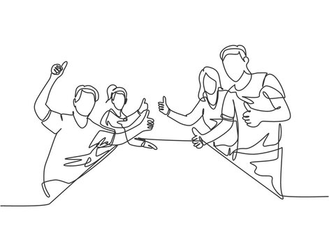 Single Line Drawing Group Of Young Happy Businessmen And Businesswomen Giving Thumbs Up Gesture Together. Business Meeting Concept. Continuous Line Graphic Draw Design Vector Illustration
