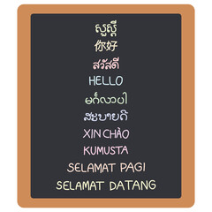 The word hello in South East Asian languages on Black board