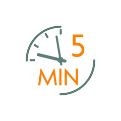 Icono plano lineal reloj con texto 5 min en gris y naranja