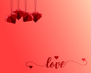 Handwritten of love word with hearts hang on pink and yellow color gradient shade background for Valentine&rsquo;s day greeting card, postcard, poster, template, banner, wallpaper or backdrop.