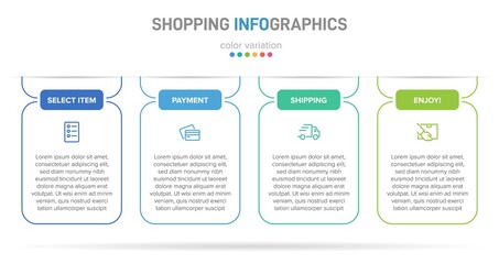 Concept of shopping process with 4 successive steps. Four colorful graphic elements. Timeline design for brochure, presentation, web site. Infographic design layout.