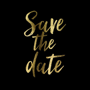 save the date wedding party event phrase in sparkling golden glitter text