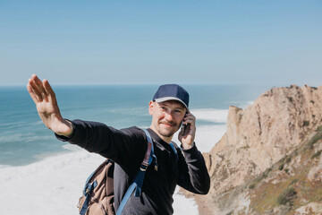 A tourist with a backpack or student
