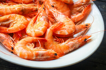 shrimp ready to eat boiled seafood Menu concept serving size. food background top view copy space for text keto or paleo pescatarian diet organic healthy eating