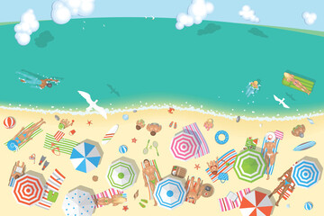 Naklejka na ściany i meble Vector illustration. People on a sunny beach. (top view) Summertime - sea, sand, umbrellas, towels, chairs, clothes, objects. (view from above)