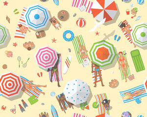 Seamless pattern. People on a sunny beach. (top view)
Summertime - sand, umbrellas, towels, chairs, clothes, objects. (view from above)