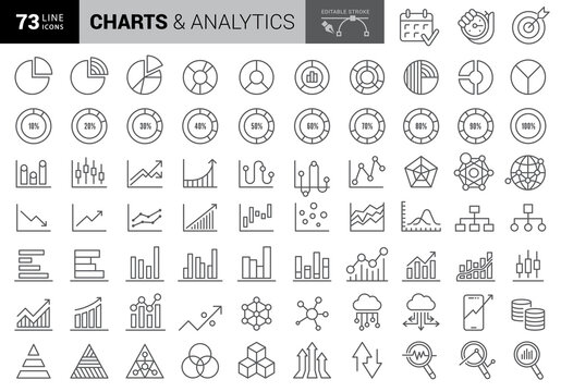 Charts and Diagrams line icons. Report, 3D Chart, Block diagram and Dot Plot graph linear icons. Trend, Pyramid and Pie chart report symbols. Presentation infochart, process flow diagram. Vector