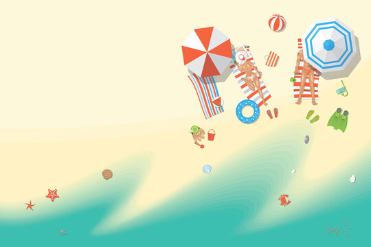 Vector illustration. Family on the sunny beach. (top view)
Summertime - sea, sand, umbrellas, towels, objects. (view from above)