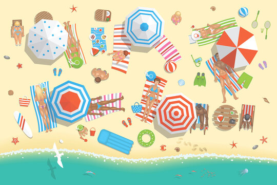 Vector illustration. People on a sunny beach. (top view)
Summertime - sea, sand, umbrellas, towels, chairs, clothes, objects. (view from above)