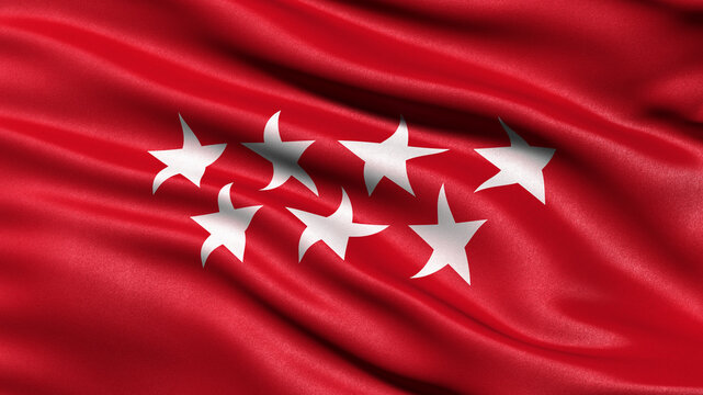 Flag of the Community of Madrid waving in the wind. 3D illustration.