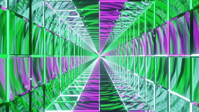 Motion graphics sci fi: straight symmetrical reflective square corridor moving forward inside futuristic spaceship with purple and green neon lights