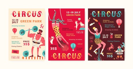 Set of advertisement circus show posters vector flat illustration. Collection of invitation with man, woman and trained animals performing tricks. Promo of entertainment event with place for text