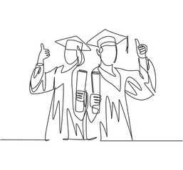 One line drawing of young happy couple male and female student wearing graduation uniform and holding the diploma certificate paper. Education concept continuous line draw design vector illustration