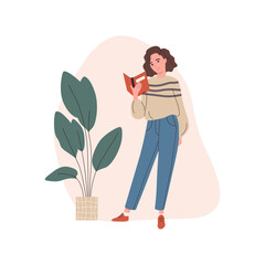 Woman reading book. Woman with literature in hands. Reading books hobby, student study and preparing for examination, book lover, reader. Flat cartoon vector illustration.
