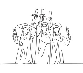 One line drawing group of young happy graduate male and female college student wearing gown and lifting diploma certificate paper up into the air. Education concept continuous line draw design vector