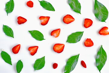 set of red strawberry and green leaves on white background 