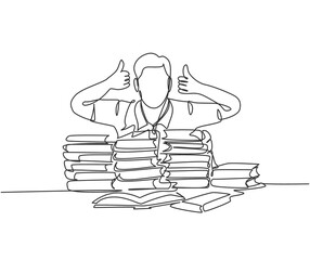 One line drawing of young happy male student giving thumbs up gesture on a pile of books and give thumbs up gesture. Education concept continuous line draw graphic design vector illustration