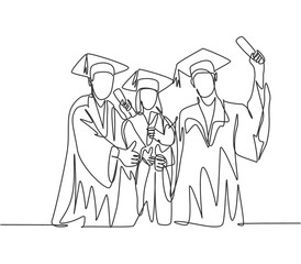 One line drawing group of young happy graduate male and female college student wearing gown and giving thumbs up gesture. Education concept continuous line draw design vector illustration