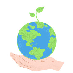 Save the planet concept. Earth in the hand of human. Take care of the world. A small shoot of a green plant. Be green. Vector illustration isolated on white.