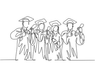 Fototapeta na wymiar One line drawing group of graduate male and female college student wearing gown uniform and hold diploma certificate paper. Education concept continuous line draw design graphic vector illustration