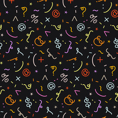 Abstract geometric seamless pattern with mathematics signs. Back to school typography texture. Colorful maths elements on black background. Cute vector design for wrapping paper, wallpaper, scrapbook.