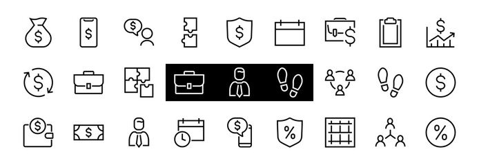 Set of business vector line icons. It contains user symbols, dollar pictograms, gears, briefcase, puzzles, envelope, percentage, messages, schedule, and more. Editable Bar 480x480 pixels.