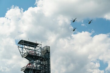 Air show polish airplanes and helicopters procession in Katowice, Poland