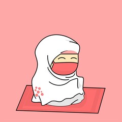 Cute character muslim praying. Celebrating ramadan kareem. Muslim woman prayer wearing mask prevents coronavirus or COVID-19. Illustration vector