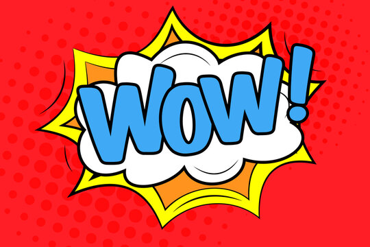 WOW banner, vector pop art illustration with comic bomb explosion on red background, cartoon style image.
