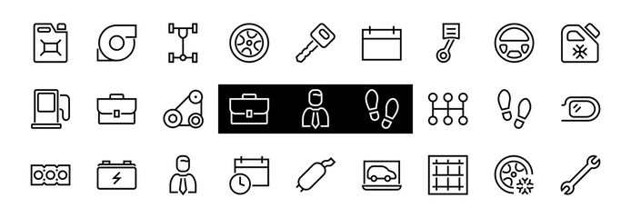 AUTO PARTS Set of Icons related vector line icons. Contains icons such as parts, oil, diagnostics, turbine, steering wheel, key, chassis, gearbox and much more. Editable stroke