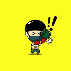Cute character punching and uppercut virus. Boxing player fighting against virus. Illustration vector