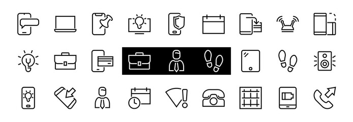 GADGET Set of vector icons of smart devices such as laptop, tablet, protection program, phone, digital network, thin line vector gadget icons, editable stroke