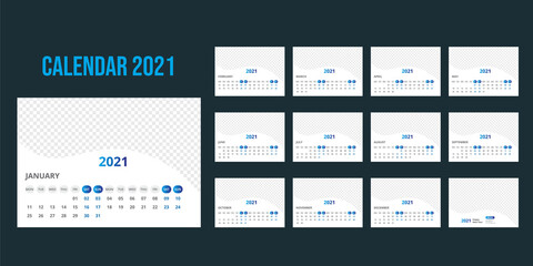 Calendar design for 2021.week starts on monday. set of 12 calendar pages with cover. horizontal version. vector design print template
