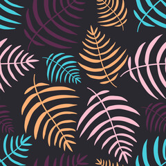 Fototapeta na wymiar Colorful Tropical palm leaves on black background. Vector seamless pattern.