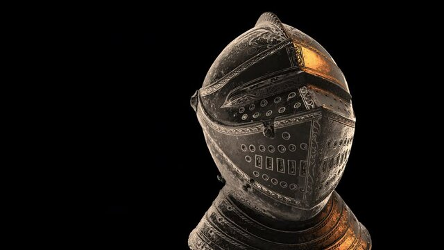 Closed helmet with etched decor - zoom out Dx - 3D model animation on a black background